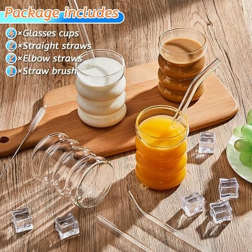 Tessco for you 4 Pcs Creative Glass Cups Vintage Drinking Glasses Ribbed Glassware Aesthetic Cup Entertainment Dinnerware Glassware with Straws Set for Kitchen Coffee Beverage(13.5 oz,Clear) thumbnail 4