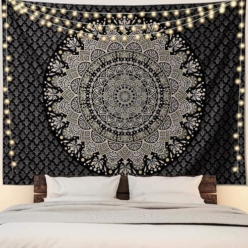 Edeesky Black Golden Mandala Tapestry Wall Hanging Psychedelic Medallion Wall Tapestry Aesthetic Indian Hippie Decor Bohemian Wall Art Boho Home Decoration Blanket for Bedroom,Living Room,Dorm thumbnail 8