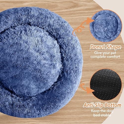 JOLLYVOGUE Small Dog & Cat Beds for Indoor Cats, Donut Cuddler Warming Soft Dog Beds with Anti-Slip Bottom, Round Calming Fluffy Plush Faux Fur Cushion Bed for Small Dogs (20", Navy Blue) thumbnail 4