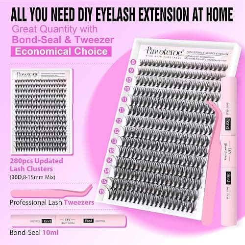 Pawotence Lash Extension Kit DIY 280pcs Individual Lash Clusters Kit 30D Natural 8-15mm Cluster Eyelash Extensions Kit with Lash Bond and Seal, Lash Tweezers for Self Use (30D, 0.07D, 8-15mm, Kit) thumbnail 2