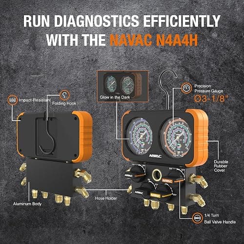NAVAC N4A4H 4-Valve HVAC Manifold Gauge with Hoses - Class 1.0 Accuracy | Impact-resistant 4-valve HVAC manifold with hoses, aluminum body, rubber cover and an easy-to-read analog display. thumbnail 3