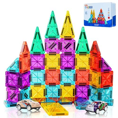 RiteHold Magnetic Tiles for Kids Mini Magnet Tiles Building Set 43PCS Toddlers Magnetiles Travel Toys with Case & 2 Cars Basic STEM Magnets Construction Tile Toy Ages 3-8 Boys Girls - Image 1