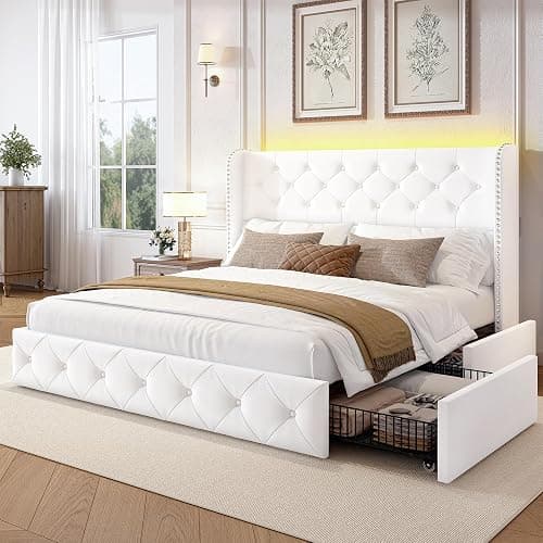LARMACE Queen Size Bed Frame with LED Lights and 4 Storage Drawers Velvet Upholstered Platform Bed Frame with Tufted Headboard Wingback, No Box Spring Needed, Easy to Assemble, White - Image 1