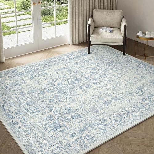 PureCozy Blue Area Rug 5x7 Machine Washable Vintage Living Room Distressed Non Slip Carpet Traditional Indoor Bedroom Retro Floral Accent Throw Large Rug Office Kitchen Bathroom Dining Room | Machine Washable, Non Slip, Blue, Large, Vintage, Traditional, Distressed, Indoor, Retro, Accent thumbnail 5