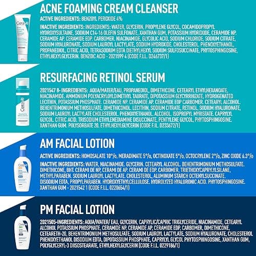 CeraVe Acne Skin Care Set, 5oz Acne Foaming Cream Cleanser + 1oz Resurfacing Retinol Serum + 2oz AM Facial Moisturizing Lotion with SPF 30 + 2oz PM Facial Moisturizing Lotion thumbnail 6