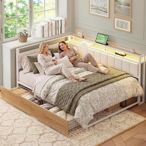 LIKIMIO Full Corner Bed Frame with Storage Drawers, LED, Charging, White | Smart LED & Charging Station, Ample Underbed Storage, Space-Saving Corner Design thumbnail 3