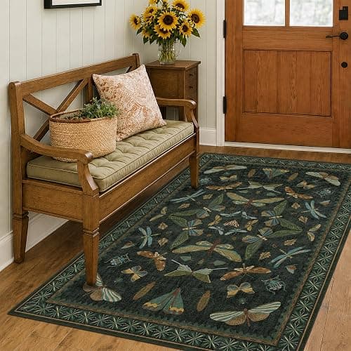 Dark Green 4x6 Washable Area Rug for Living Room, Bedroom, Large Entryway, Kitchen, Ultra Soft Non Slip Stain Resistance, Floral Forest with Brown Aethestic Design thumbnail 3