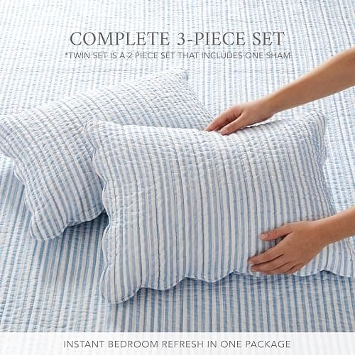 Levtex Home - Martha Stripe Quilt Set - Full/Queen Quilt and Two Standard Shams - Stripe - Blue White - Quilt (88x92in.) and Shams (20x26in.) - Reversible - Cotton thumbnail 3
