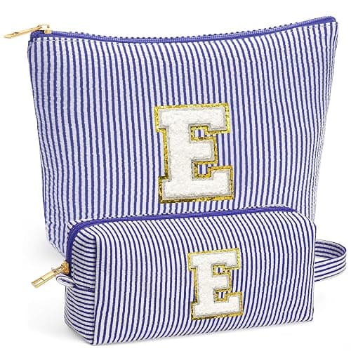 Fohufo Initial Makeup Bag Set - Cute Blue Stuff for Women, Makeup Pouch Cosmetic Bag Small Makeup Bag for Purse, Travel Essentials Toiletry Bag for Women Birthday Gifts, Blue Letter E - Image 1