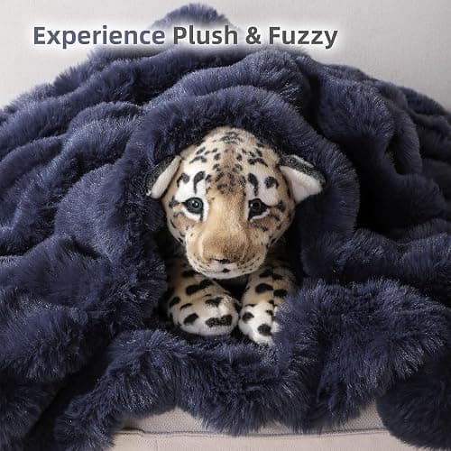 Smoofy Faux Fur Throw Blanket for Couch – Navy Blue Fluffy Cozy Rabbit Fleece, Plush Soft Bubble Blanket for Sofa & Bed, for Mom, Warm Fuzzy Home Room Decor Throw 60" x 80" thumbnail 7