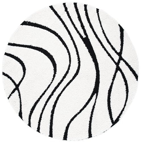 SAFAVIEH Florida Shag Collection 4' Round Ivory / Black SG471 Abstract Wave Non-Shedding Living Room Bedroom Dining Room Entryway Plush 1.2-inch Thick Area Rug thumbnail 2