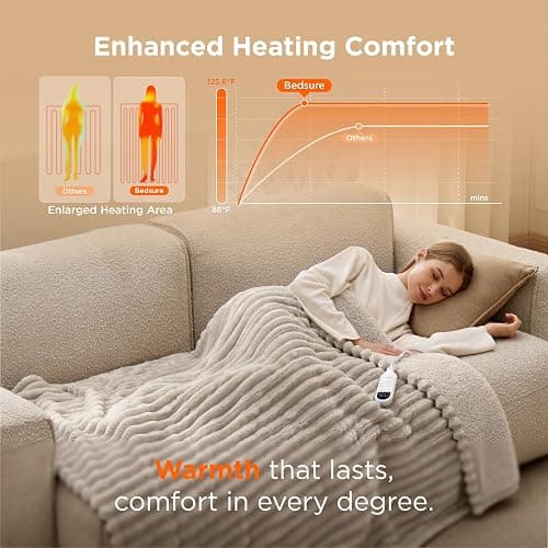 Bedsure Heated Blanket Electric Throw - Thick Striped Flannel Electric Blanket, Heating with 4 Time Settings, 6 Heat Settings, and 3-Hour Timer Auto Shut Off, Gift for Grandma (50x60 inches, Linen) thumbnail 2