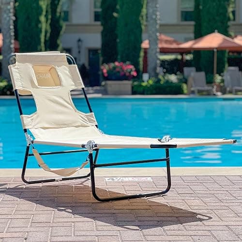 Face Down Tanning Chaise Lounge Chair - Face & Arm Holes - 2 Legs Support - Polyester Material – Backrest Positions - Head Rest Pillow - Beach or Home Use - Read and Tan - Tan Stripes Pattern thumbnail 2