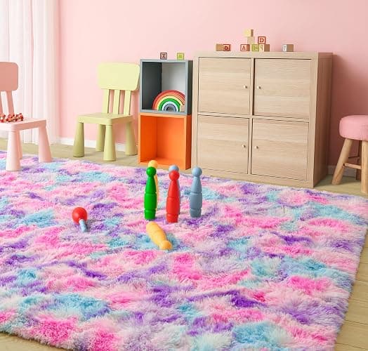 Tepook Soft Rainbow Rug for Girls Room, Cute Fluffy Girls Bedroom Rugs, 4x6 Feet Shaggy Princess Rug Colorful Carpet for Kids Teens Toddler Playroom Nursery Reading Nook, Hot Pink thumbnail 8