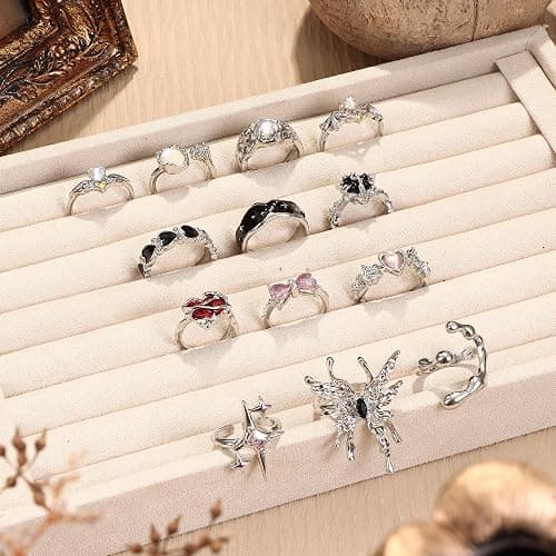 Drperfect 13 PCS Y2k Rings For Women Vintage Irregular Rings for Women Men Chunky Adjustable Rings Gothic Goth Open Moonstone Butterfly Star Pink Heart Cool Statement Ring Aesthetic Accessories Ring Set thumbnail 6