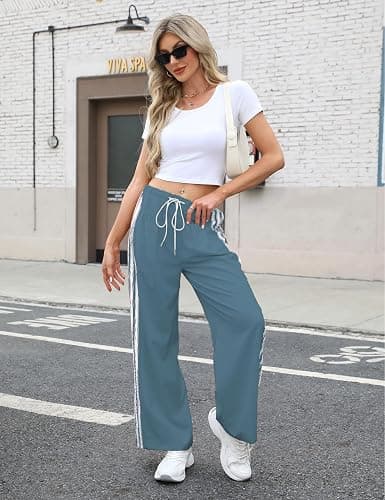 Hongsui Women's Wide Leg Pants Drawstring High Rise Side Striped Slouchy Palazzo Pants with Pockets thumbnail 4