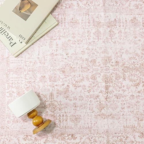 PureCozy 5x7 Washable Area Rug Pink Vintage Distressed Rug for Office Non Slip Low Pile Traditional Thin Indoor Retro Carpet Soft Floor Cover for Living Ding Room Bedroom Laundry Dorm thumbnail 6