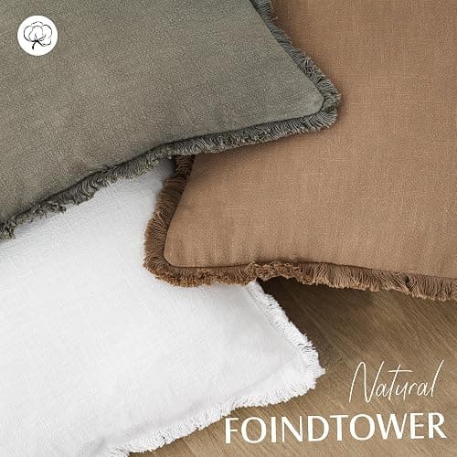 Foindtower Set of 2 Decorative Linen Fringe Throw Pillow Covers Cozy Boho Farmhouse Cushion Cover with Tassels Soft Accent Pillowcase for Couch Sofa Bed Living Room Home Decor,16×16 Inch,White thumbnail 4