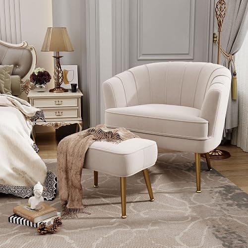 Andeworld Velvet Accent Chair with Ottoman, Upholstered Modern Single Sofa Side Chair,Comfy Barrel Club Living Room Armchair with Golden Metal Legs for Bedroom Living Reading Room Office, Beige thumbnail 4