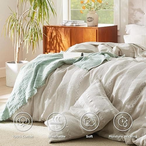 Bedsure Waffle Weave Duvet Cover King - 100% Cotton Boho Duvet Cover with 2 Pillowcases - Linen Color Textured Comforter Cover with Zipper Closure (King, 104"x90") thumbnail 5