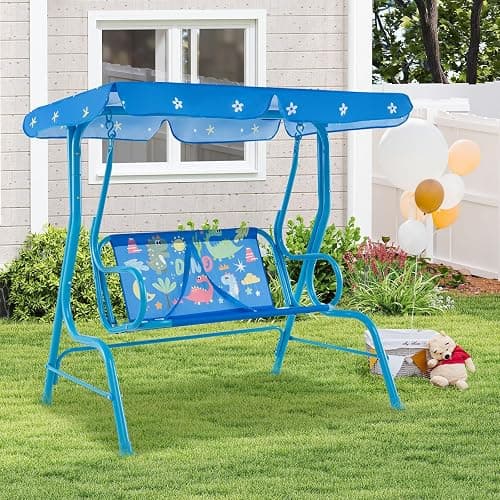 Costzon Kids Porch Swing, All-Weather Patio Swing Bench Hammock w/Adjustable Canopy & Safety Belts for 2 Children, Outdoor Swing for Backyard Garden Balcony Poolside (Blue, Dinosaur) thumbnail 2