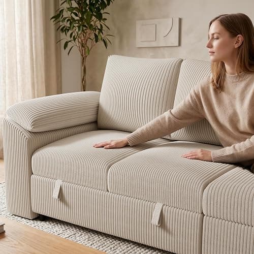 85 Inch Modular Sectional Sofa with Pull Out Couch Bed, L Shaped 5 Seat Sectional Couch with Storage, Corduroy Sectional Couches for Living Room, Cloud Modular Couch, Removable Sofa Cover, Beige thumbnail 9