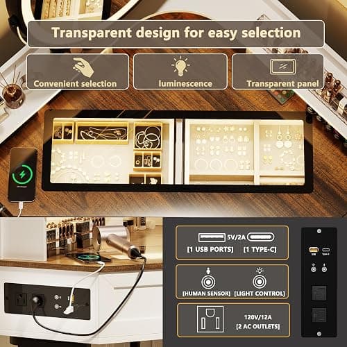 FREDEES Corner Vanity with Mirror and Lights,Modern Makeup Vanity Set with Charging Station for Bedroom/Cloakroom,Glass Top Vanity Table with Drawers and Shelves,White thumbnail 5