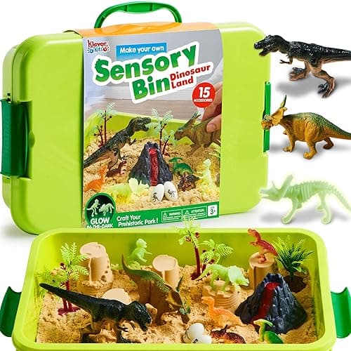 Klever Kits Dinosaurs Sensory Bin Toys for Toddlers with Glow in The Dark Dinosaurs, Sandbox with Lid Sand, Preschool Learning Activities Gifts for Boys Girls Age 3+ - Dinosaur