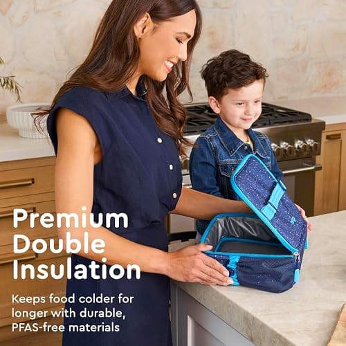 Bentgo Kids Lunch Bag - Double-Insulated, Reusable Lunch Bag for Kids 3+ with Adjustable Strap; Holds Lunch Box/Water Bottle/Snacks; Easy-Clean, Water-Resistant & Pockets (Confetti - Abyss Blue) thumbnail 3