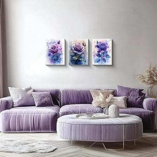 NAN Wind 3PCS Purple Rose Watercolor Canvas Wall Art Floral Botanical Violet Flower Bloom Romantic Modern Home Decor for Bedroom Living Room Bathroom or Office Artistic Garden Style Wall Decoration thumbnail 4