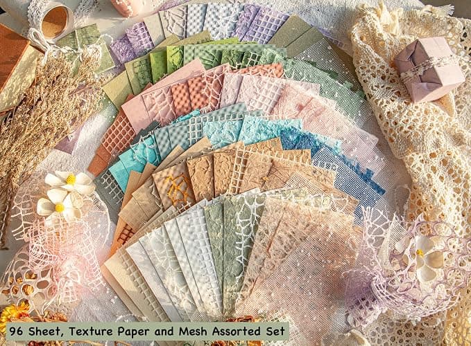 96 Sheets Textured Scrapbook Paper and Mesh Fabric Assorted Set - 6 Pack Mixed Special Paper for Scrapbooking Planner Bullet Junk Journal Supplies Mixed Media Collage Card Embellishments 3.9x5.5 Inch thumbnail 2