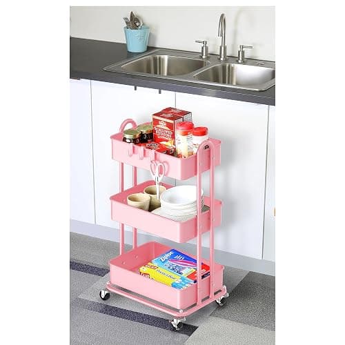 Simple Houseware 3-Tier Heavy Duty Metal Utility Rolling Cart, Pink thumbnail 6