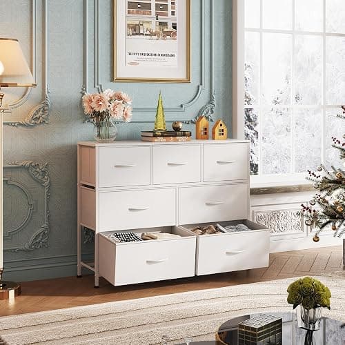 WLIVE 7 Drawer Dresser TV Stand, Dressers for Bedroom, Fabric Storage Tower, Hallway, Entryway, Closets, Sturdy Steel Frame, Wood Top, Easy Pull Handle, White thumbnail 2
