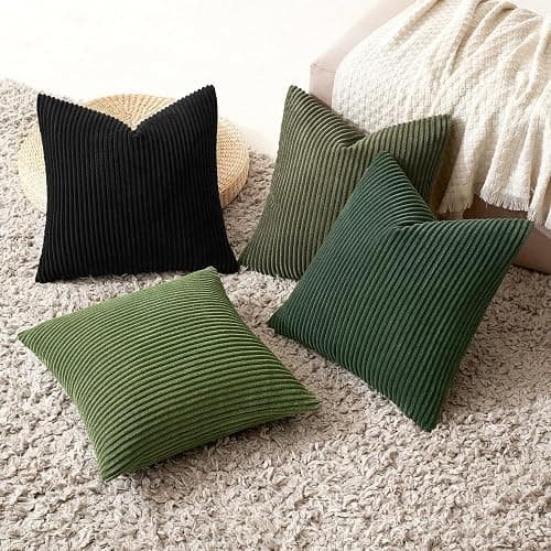 MIULEE Boho Farmhouse Throw Pillow Covers 18x18 Inch Set of 4 Mordern Neutral Green Cushion Covers Soft Corduroy Nordic Home Decor for Spring Couch Bed Sofa Living Room Green-Black thumbnail 5
