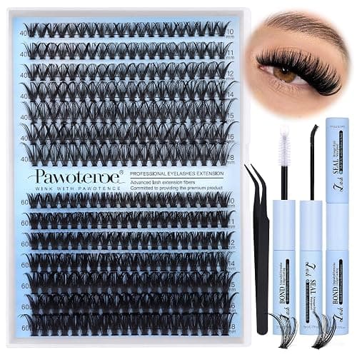 Pawotence Lash Clusters Kit 40D 60D Lash Extension Kit 10-18mm Cluster Eyelash Extension Kit Individual Lashes 280pcs Eyelash Clusters with Lash Bond and Seal, Lash Tweezers for Self Use - Image 1