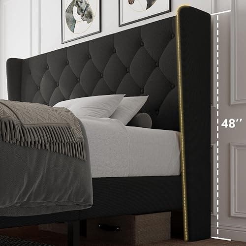iPormis Full Size Platform Bed Frame with Button Tufted Headboard, Upholstered Bed Frame with Solid Wooden Slats, 8" Underbed Space, No Box Spring Needed, Noise Free, Easy Assembly, Black thumbnail 7