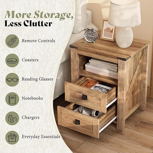 AMERLIFE 18" Farmhouse Nightstand Set of 2, Wooden Bedside Table with 2 Drawers & Open Shelf, Rustic End Table for Bedroom/Living Room, Barnwood thumbnail 5