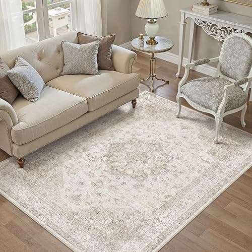 PureCozy Beige 5x7 Washable Area Rug Vintage Oriental Medallion Carpet | Soft Low Pile, Non Slip, Stain Resistant, Large, Neutral Retro Decor for Living Room, Bedroom, Dining Room, Kids Room thumbnail 5
