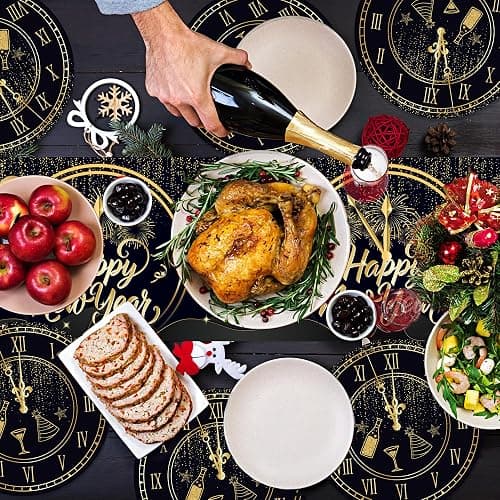 6 Pcs Plastic Happy New Year 2026 Table Runners - 14" x 108" Fireworks Balloon Christmas Winter Party Decoration - Black Gold Stars Clock Disposable Table Runner for Happy New Year Winter Table Decor thumbnail 6