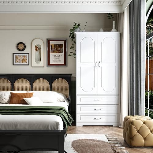 FJTJBSI Armoire Wardrobe Closet with 3 Drawers and LED Light 72" Wooden Bedroom Armoire with 2 Doors and Retro Ceramic Door Handles Modern Wardrobe Cabinet with Removable Hanging Rod White thumbnail 8