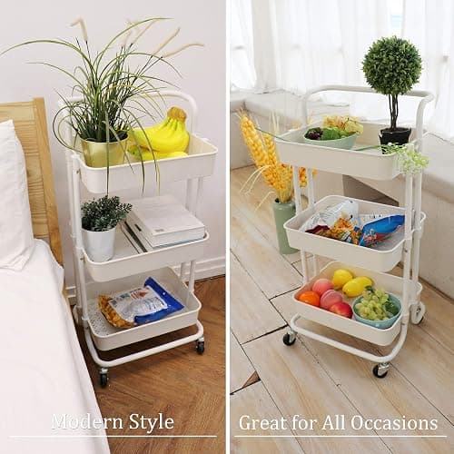 Piowio 3 Tier Utility Rolling Cart Multifunction Organizer Shelf Storage Cart with 3 Pieces Cups and 8 Pieces Hooks for Home Kitchen Bathroom Laundry Room Office Store etc. (White) thumbnail 6