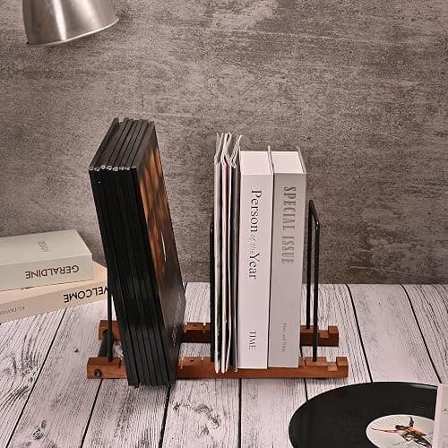 Yorkmills Vinyl Record Storage, Display Up to 50 LP Albums DVDs CDs, Solid Wooden Vinyl Record Holder with Stainless-Steel lp Storage Boxes shelf Stand Case, Record Stand for Home Desktop Decor thumbnail 5