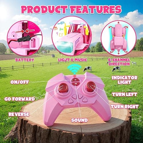 Funwee RC Farm Tractor Toy Playset with Loader, Trailer & Animals | 2.4GHz Outdoor Remote Vehicle Playset w/ Light & Music for Age 3-8, Fun RC Car Truck Gifts for Boy & Girl (Pink) thumbnail 3