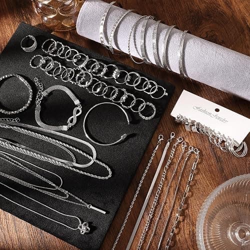 IFKM 36 PC Silver Plated Jewelry Set With 3 Necklace, 12 Bracelet, 7 Ear Cuffs Earring, 14 Knuckle Rings For Women Girls Valentine Anniversary Birthday Friendship Gift thumbnail 6