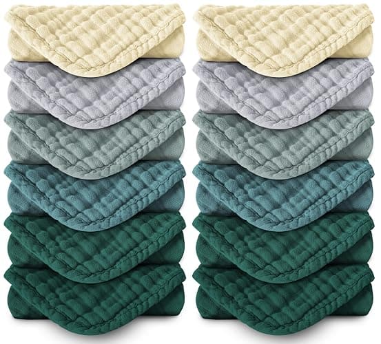 Spotted Play Muslin Burp Cloths 100% Cotton Large 20''x10'' Extra Soft and Absorbent Baby Wash Cloths Spit Up Rags - Baby Burping Cloth for Boys Girls Items(12 Pack Ivory, Slate and Emerald Series) - Image 1