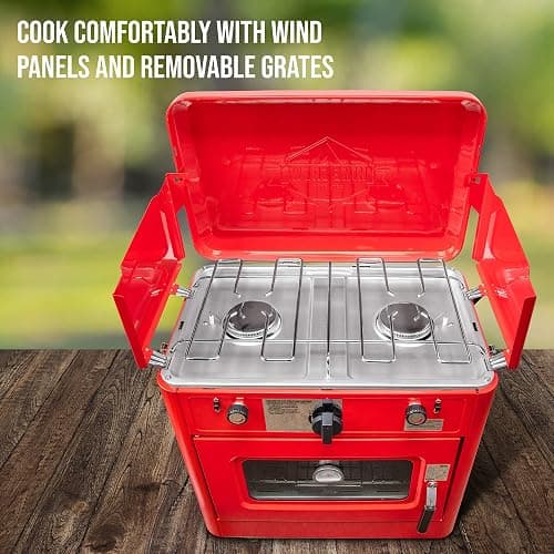 Hike Crew Outdoor Gas Camping Oven w/Carry Bag | CSA Approved Portable Propane-Powered 2-Burner Stove & Oven | Auto Ignition, Overheat Safety Shutoff, Built-In Thermometer | Hose & Regulator Included - Red thumbnail 5