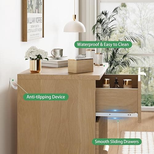 Fluted Nightstand, 24" Wide Side Table with 3 Large Storage Drawers, Mid Century Modern Wood Night Stand with Metal Handle, Wooden Bedside End Table for Bedroom, Living Room, Closet, Natural Oak thumbnail 5