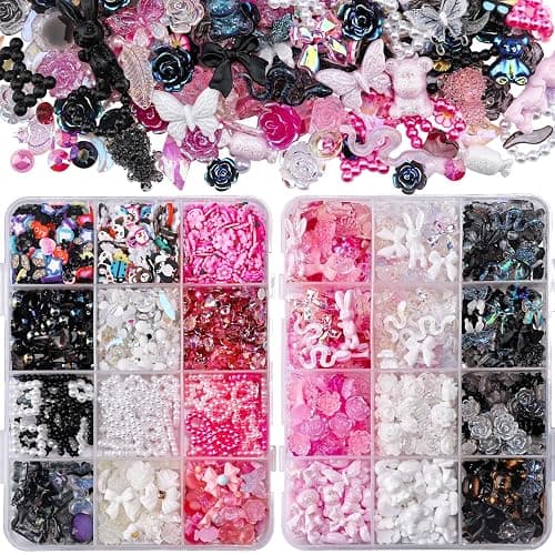 Kikonoke 2050 Pieces 3D Butterfly Rose Flower Bow Rabbit Bear Nail Charms Kit with Nail Art Rhinestones Pearls Crystal Gems Nail Slices for Manicure DIY Crafts Jewelry Accessories (Pink Black White) - Image 1