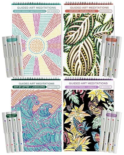 Lifelines FlowArt Activity Pads, 4-Pack - Guided Art Meditations with 4 Sets of Markers & 80 Scenes - Color by Number/Letter, Dot Art, More Coloring Books for Tweens, Adults & Seniors - Patent-Pending - Image 1