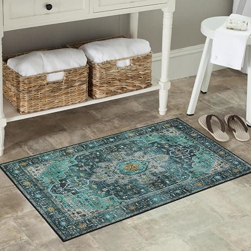 Moynesa Ultra-Thin Washable Area Rug - 2x3 Teal Small Entryway Rug Front Indoor Doormat, Boho Non-Slip Stain Resistance Low Pile Accent Carpet for Kitchen Bathroom Home Laundry Room Hall Decor thumbnail 7